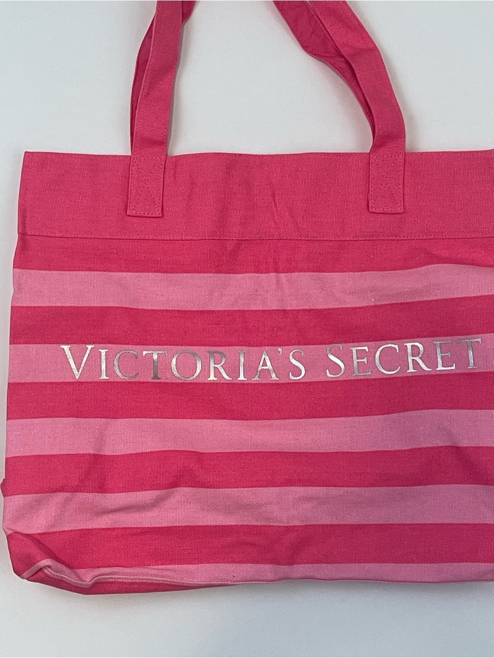 Victoria's Secret Pink Striped Canvas Tote with Silver Logo